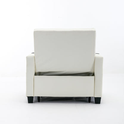 White Faux Leather Convertible Sofa Bed with USB Ports