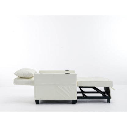 White Faux Leather Convertible Sofa Bed with USB Ports