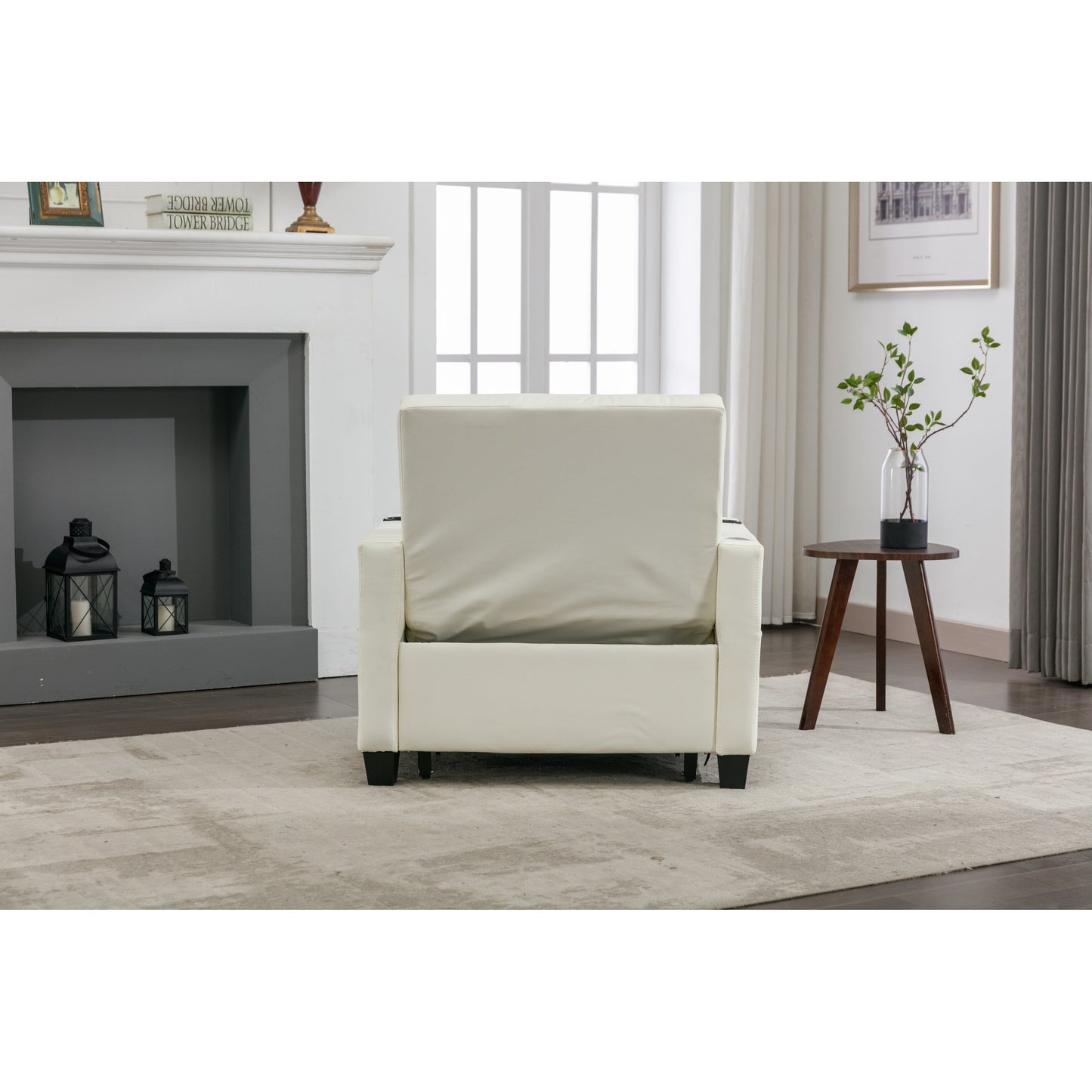 White Faux Leather Convertible Sofa Bed with USB Ports