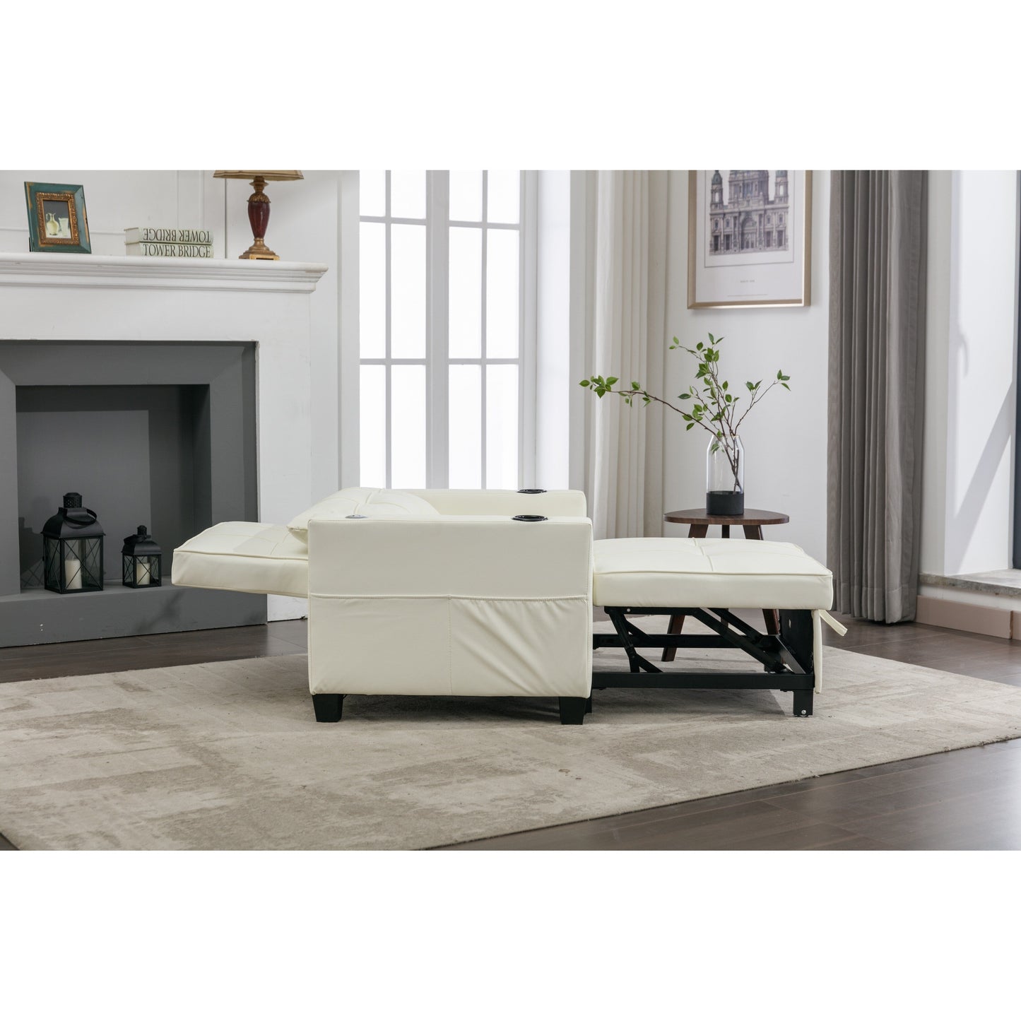 White Faux Leather Convertible Sofa Bed with USB Ports