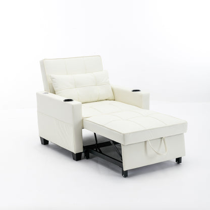 White Faux Leather Convertible Sofa Bed with USB Ports