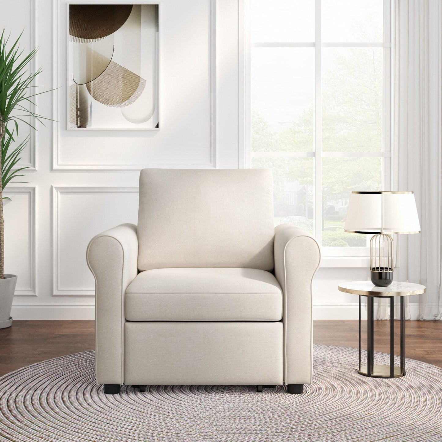 White Modern 34 3-in-1 Linen Convertible Single Sofa Bed with Adjust Backrest for Living Room