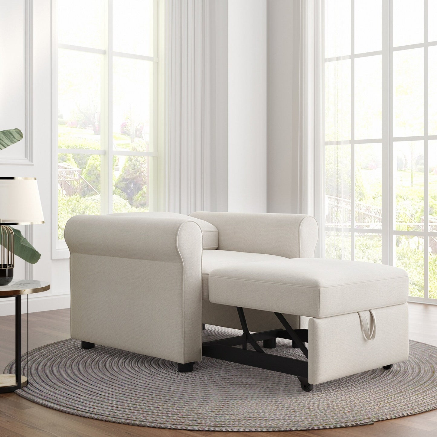 White Modern 34 3-in-1 Linen Convertible Single Sofa Bed with Adjust Backrest for Living Room