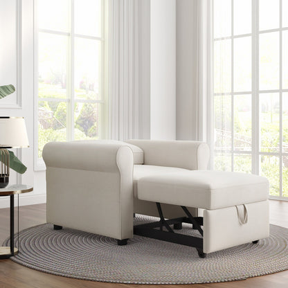 White Modern 34 3-in-1 Linen Convertible Single Sofa Bed with Adjust Backrest for Living Room