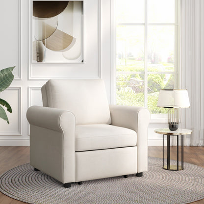 White Modern 34 3-in-1 Linen Convertible Single Sofa Bed with Adjust Backrest for Living Room