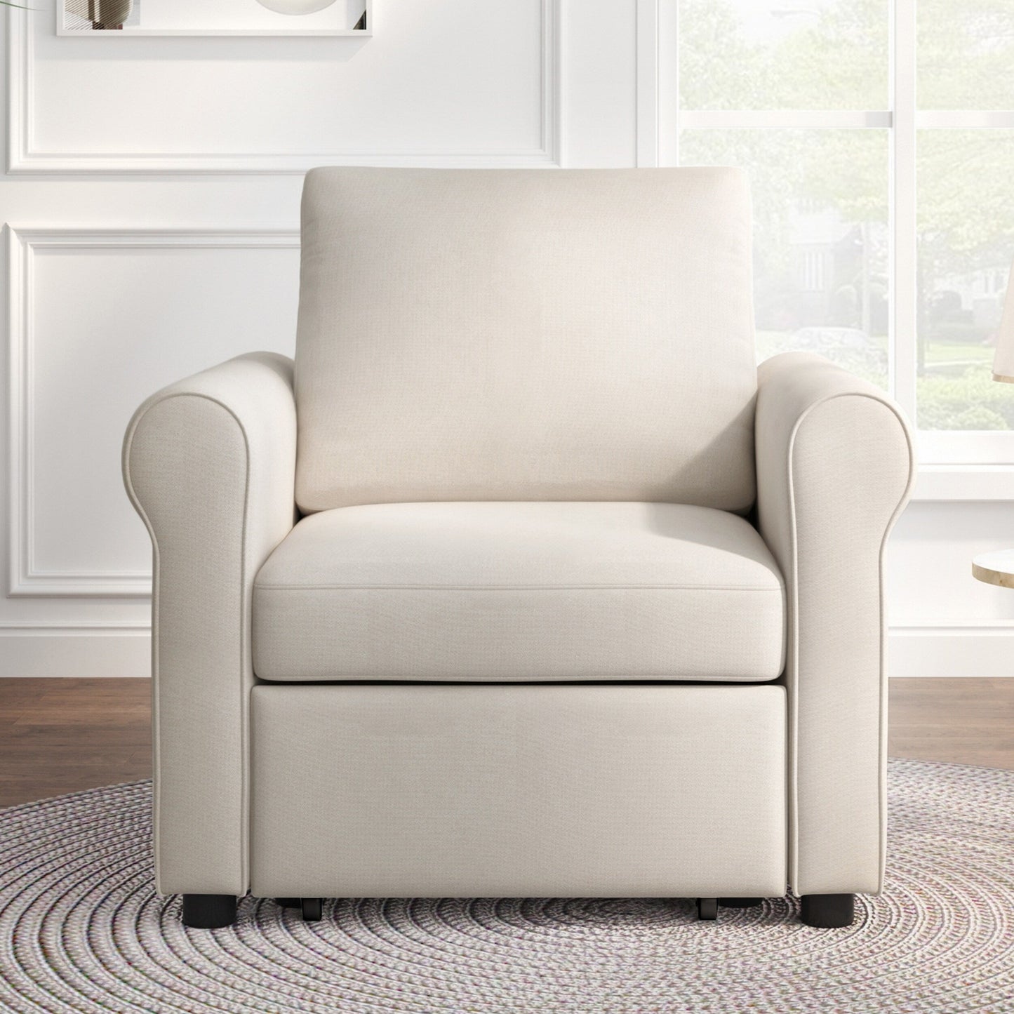 White Modern 34 3-in-1 Linen Convertible Single Sofa Bed with Adjust Backrest for Living Room
