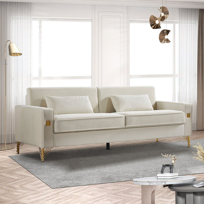 White Modern 85.44 Velvet Upholstered Loveseat Sofa with Gold Legs and Pillows for Living Room