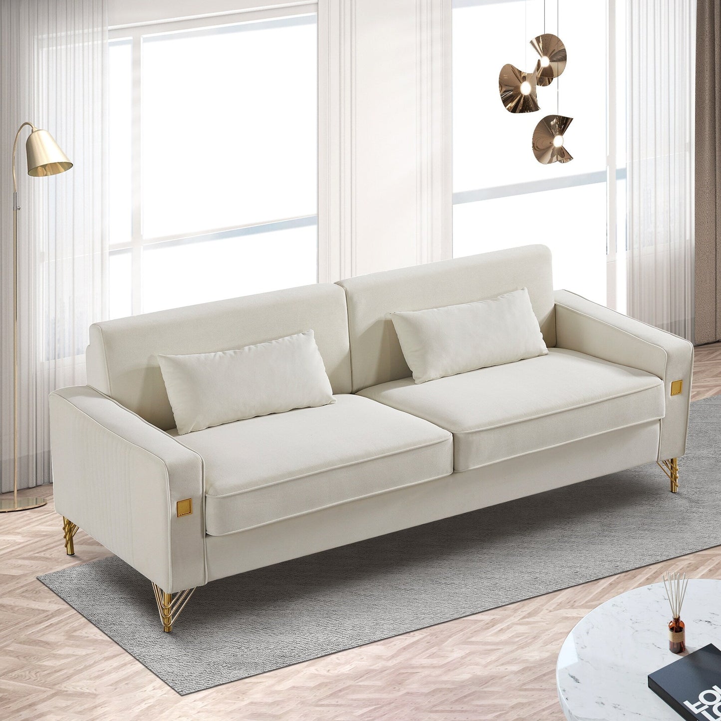 White Modern 85.44 Velvet Upholstered Loveseat Sofa with Gold Legs and Pillows for Living Room