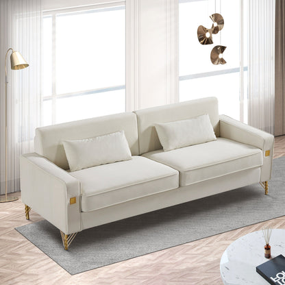 White Modern 85.44 Velvet Upholstered Loveseat Sofa with Gold Legs and Pillows for Living Room