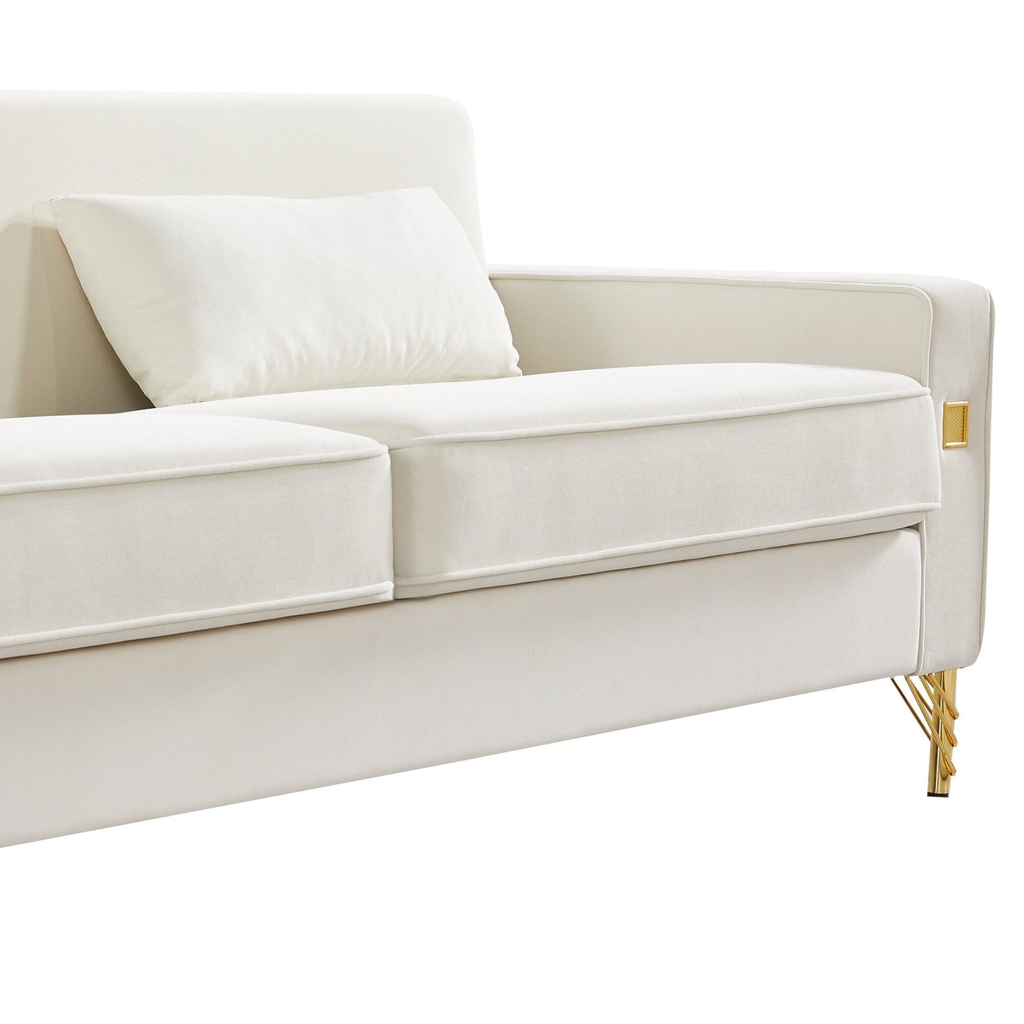 White Modern 85.44 Velvet Upholstered Loveseat Sofa with Gold Legs and Pillows for Living Room