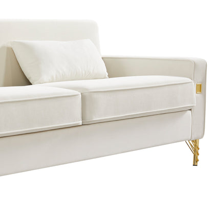 White Modern 85.44 Velvet Upholstered Loveseat Sofa with Gold Legs and Pillows for Living Room