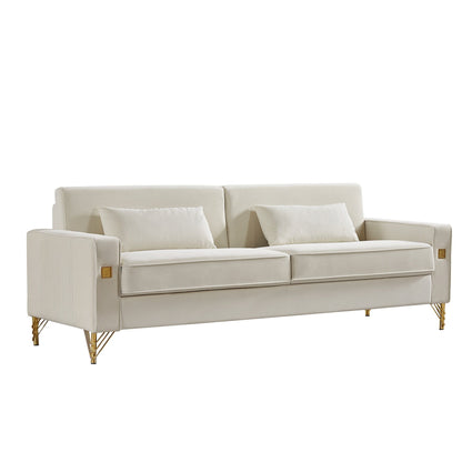 White Modern 85.44 Velvet Upholstered Loveseat Sofa with Gold Legs and Pillows for Living Room