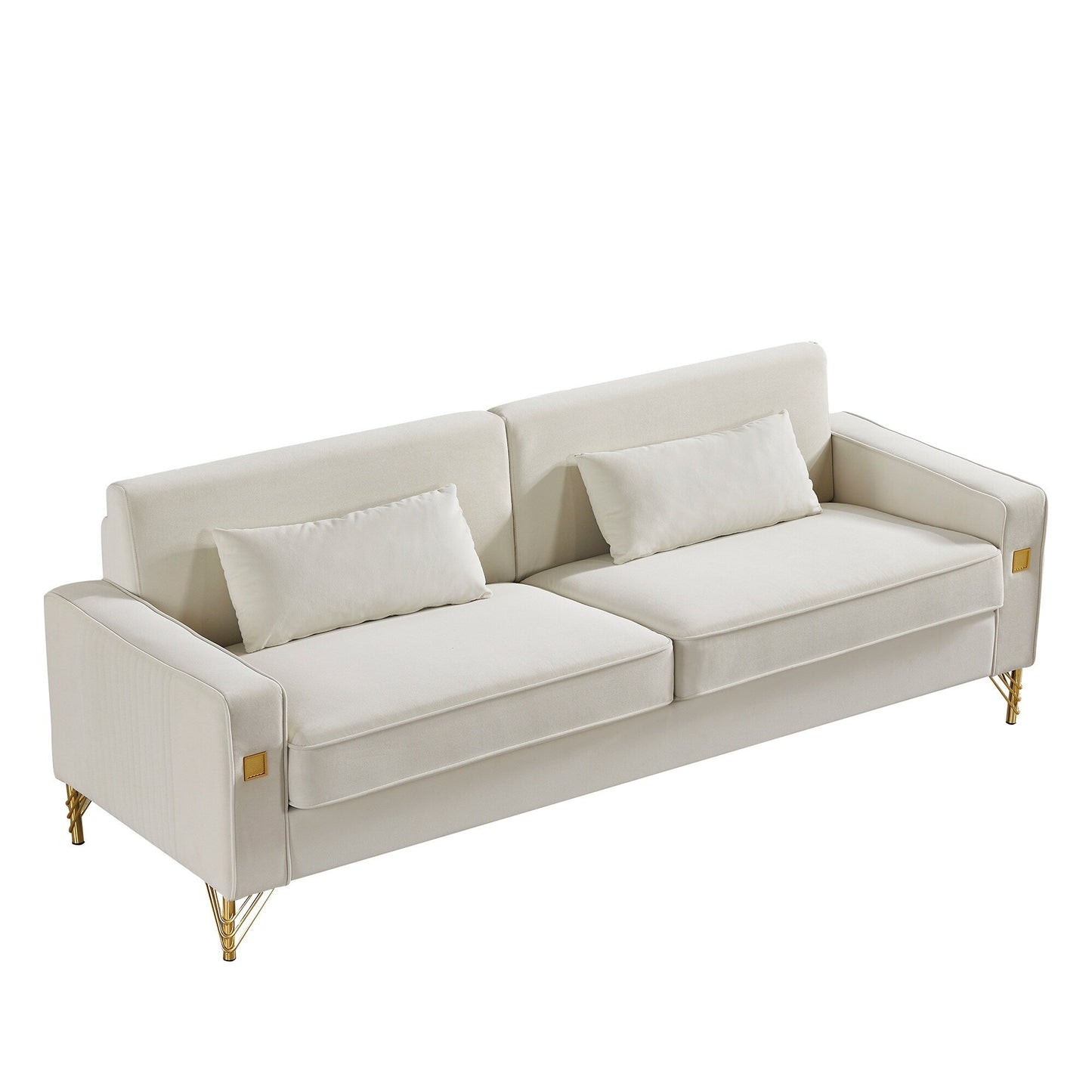 White Modern 85.44 Velvet Upholstered Loveseat Sofa with Gold Legs and Pillows for Living Room