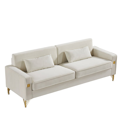 White Modern 85.44 Velvet Upholstered Loveseat Sofa with Gold Legs and Pillows for Living Room