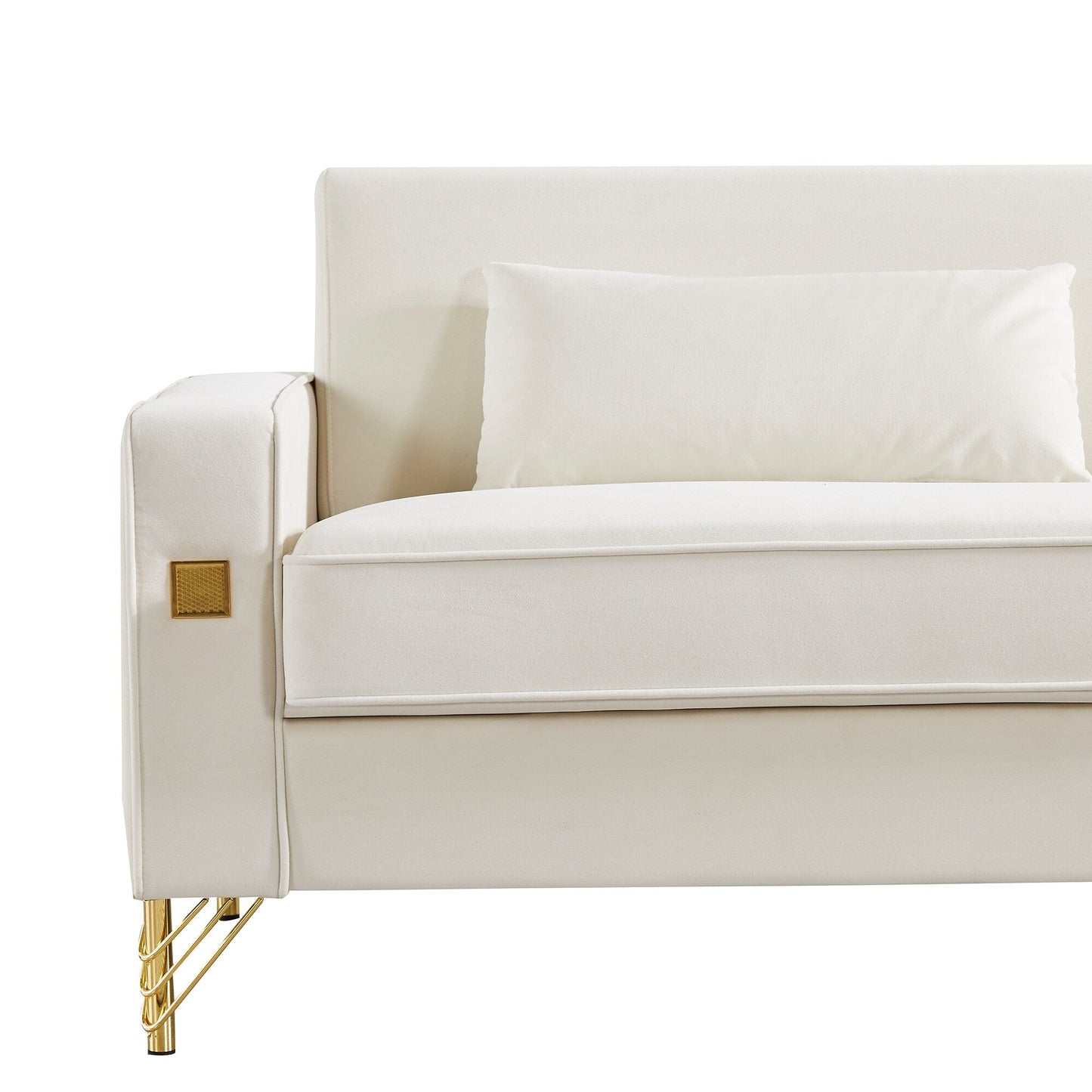 White Modern 85.44 Velvet Upholstered Loveseat Sofa with Gold Legs and Pillows for Living Room