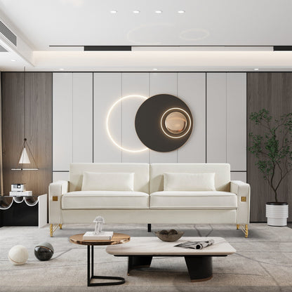 White Modern 85.44 Velvet Upholstered Loveseat Sofa with Gold Legs and Pillows for Living Room