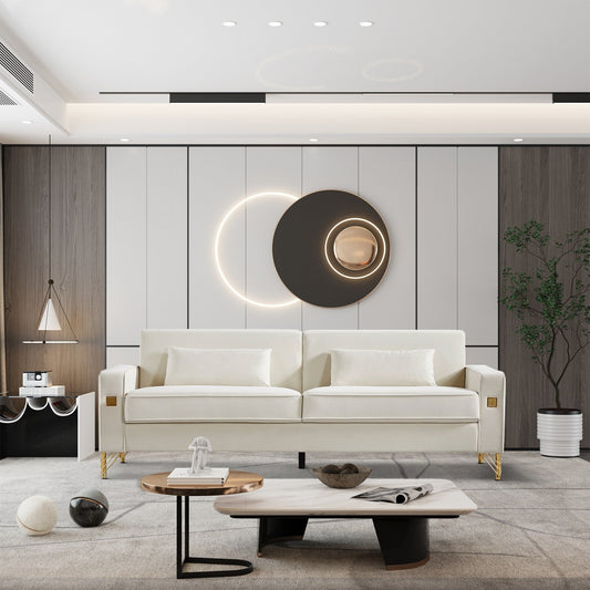 White Modern 85.44 Velvet Upholstered Loveseat Sofa with Gold Legs and Pillows for Living Room