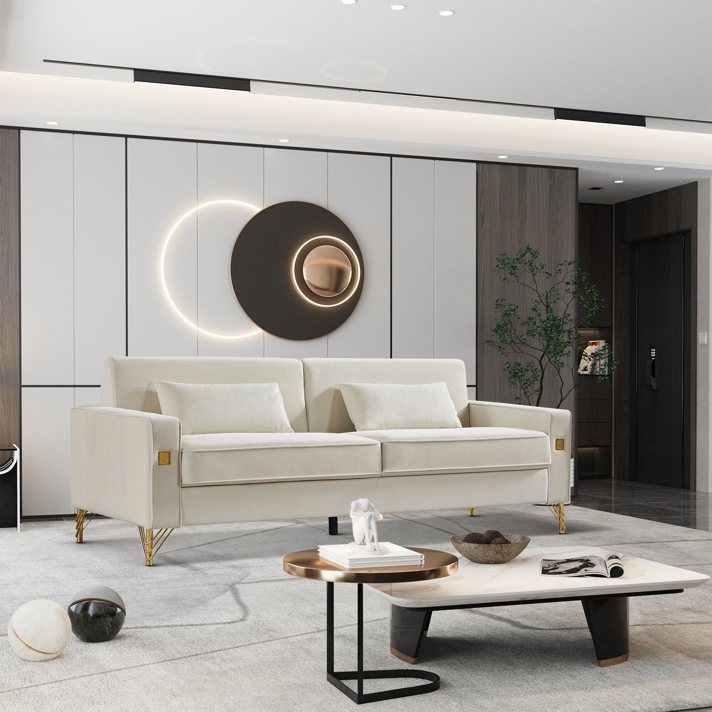 White Modern 85.44 Velvet Upholstered Loveseat Sofa with Gold Legs and Pillows for Living Room
