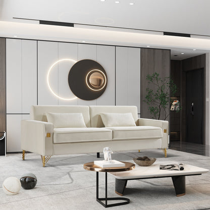 White Modern 85.44 Velvet Upholstered Loveseat Sofa with Gold Legs and Pillows for Living Room