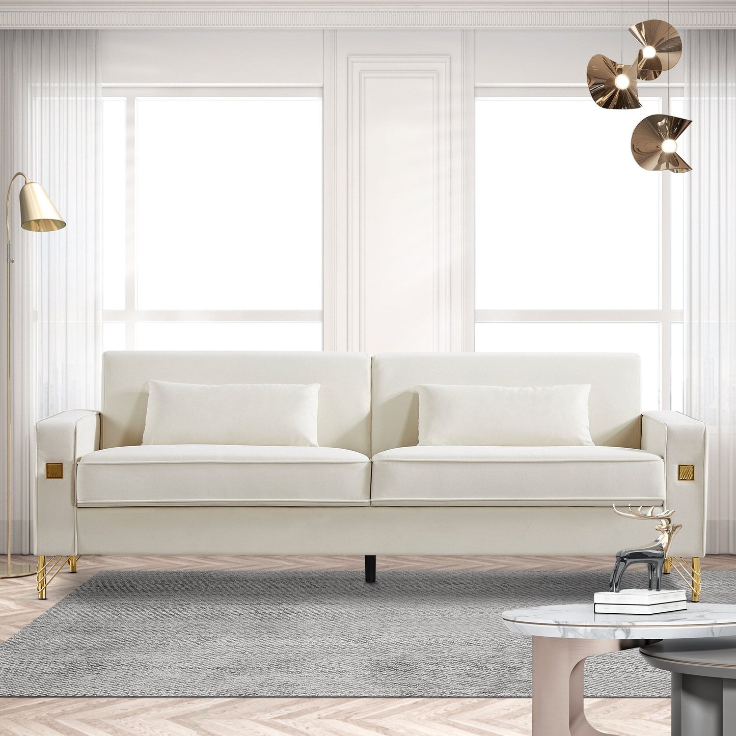 White Modern 85.44 Velvet Upholstered Loveseat Sofa with Gold Legs and Pillows for Living Room