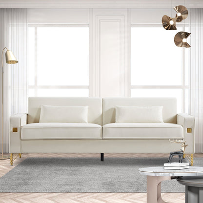 White Modern 85.44 Velvet Upholstered Loveseat Sofa with Gold Legs and Pillows for Living Room