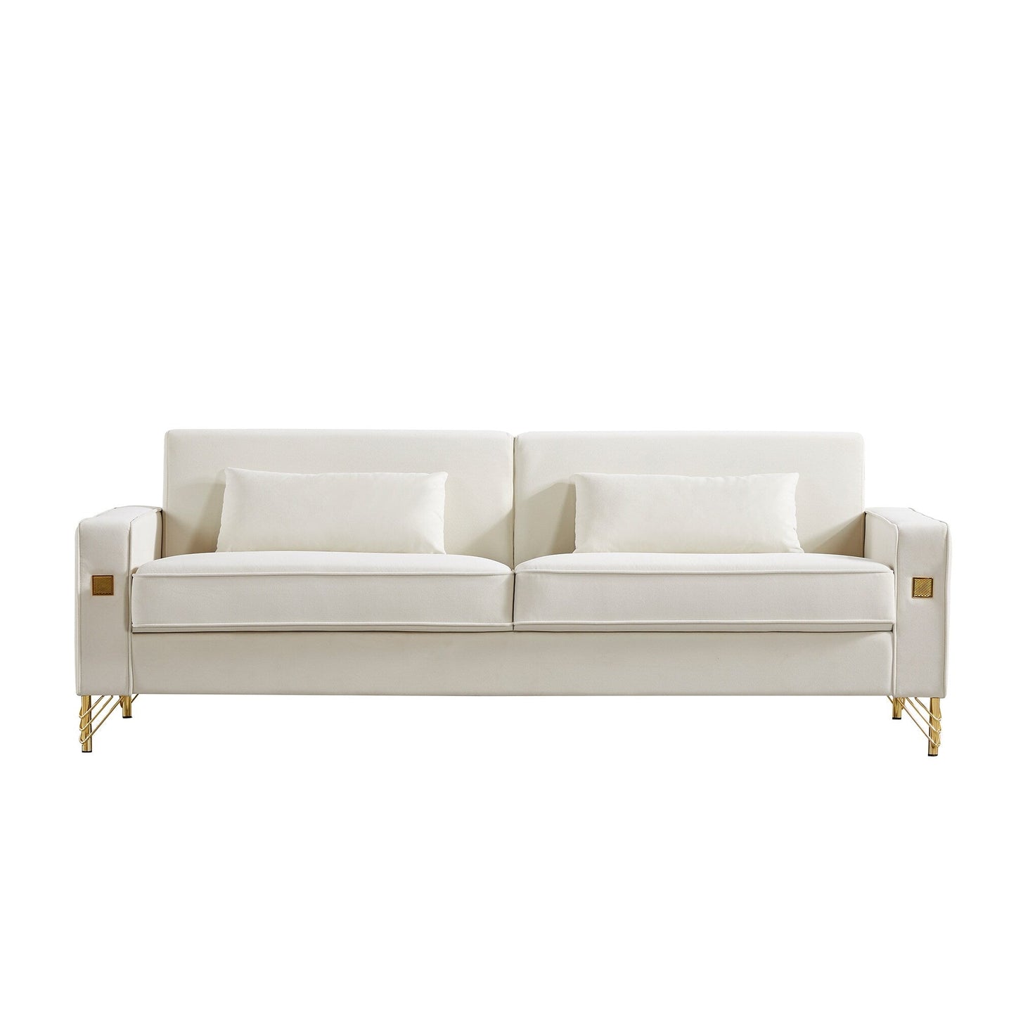 White Modern 85.44 Velvet Upholstered Loveseat Sofa with Gold Legs and Pillows for Living Room