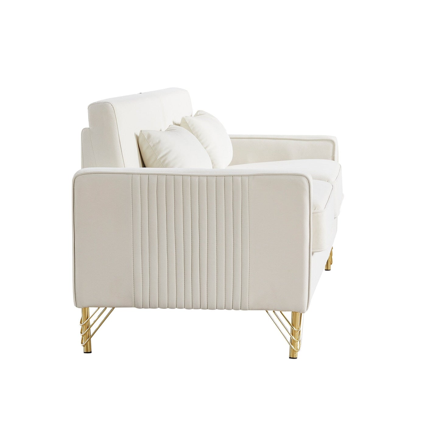 White Modern 85.44 Velvet Upholstered Loveseat Sofa with Gold Legs and Pillows for Living Room