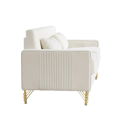 White Modern 85.44 Velvet Upholstered Loveseat Sofa with Gold Legs and Pillows for Living Room