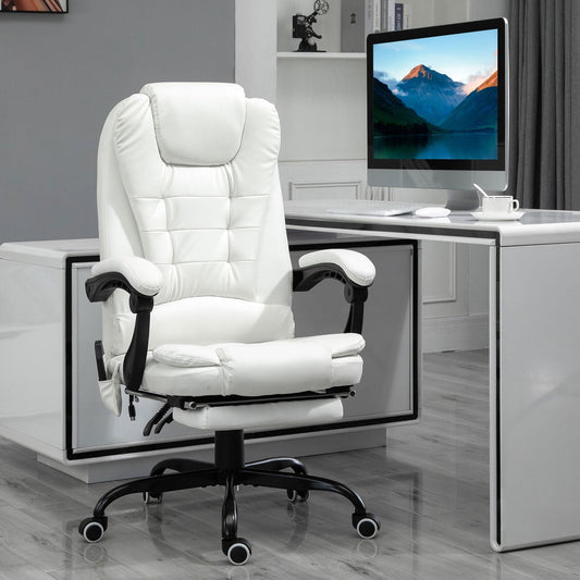 White PU Leather Office Chair with 7-Point Vibrating Massage, High Back, Adjustable Recline, Lumbar Support, and Footrest