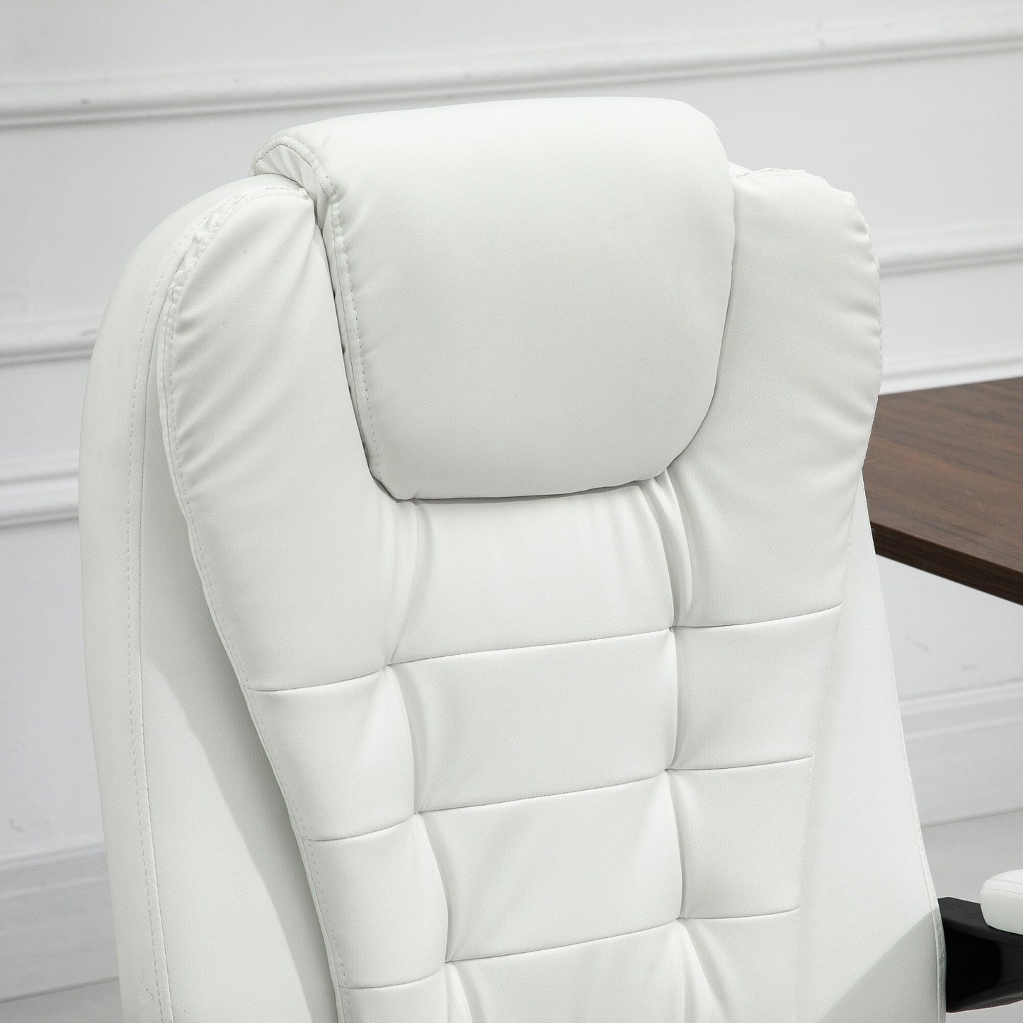 White PU Leather Office Chair with 7-Point Vibrating Massage, High Back, Adjustable Recline, Lumbar Support, and Footrest