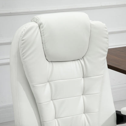 White PU Leather Office Chair with 7-Point Vibrating Massage, High Back, Adjustable Recline, Lumbar Support, and Footrest