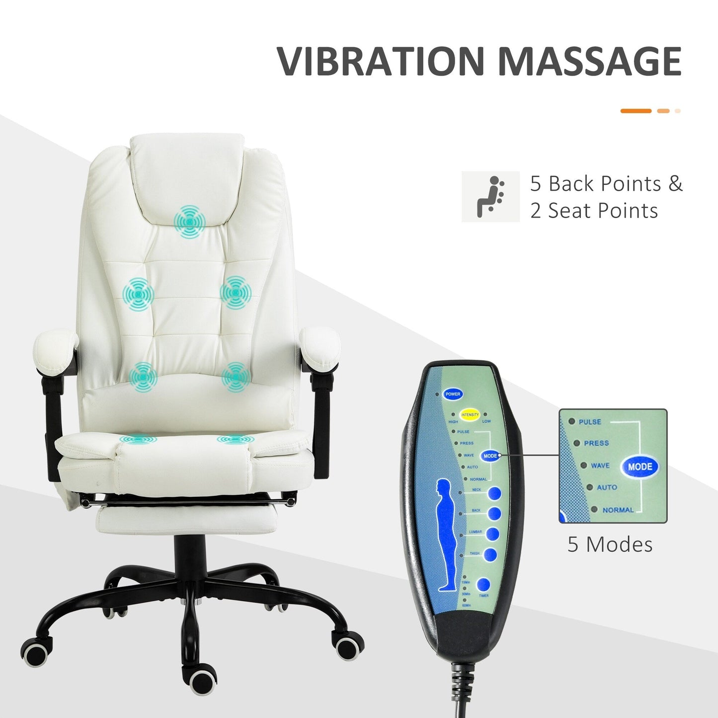 White PU Leather Office Chair with 7-Point Vibrating Massage, High Back, Adjustable Recline, Lumbar Support, and Footrest