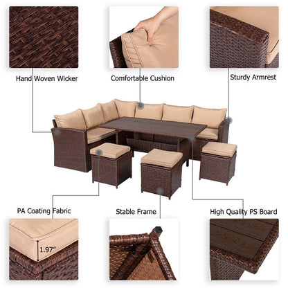 Wicker 9 - Person Outdoor Dining Conversation Set with Cushions