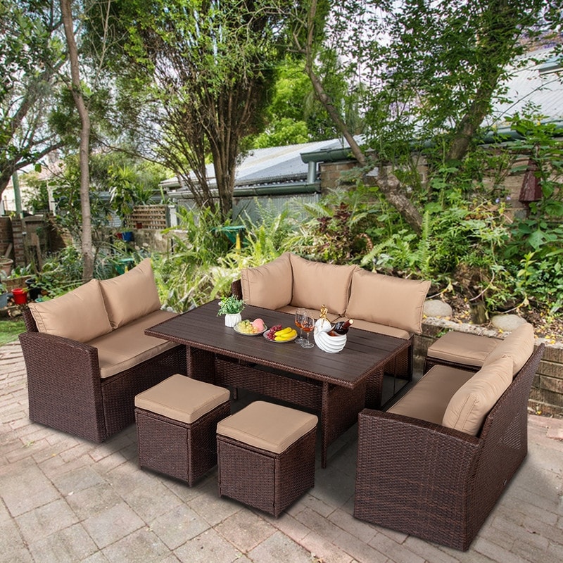 Wicker 9 - Person Outdoor Dining Conversation Set with Cushions