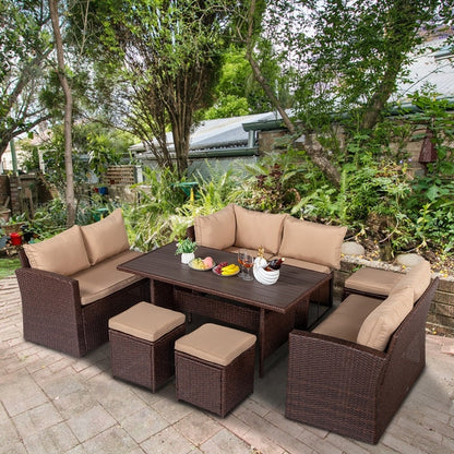 Wicker 9 - Person Outdoor Dining Conversation Set with Cushions