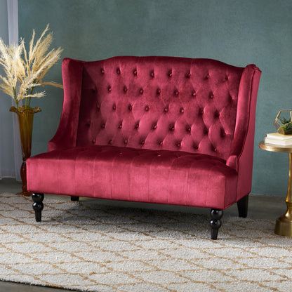 Wine Red 50.25 Velvet Button Tufted High Wingback Loveseat Sofa with Wood Legs for Living Room