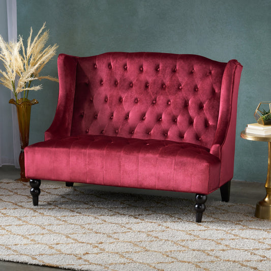 Wine Red 50.25 Velvet Button Tufted High Wingback Loveseat Sofa with Wood Legs for Living Room