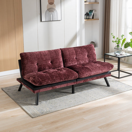 Wine Red 75.6 Chenille Convertible Loveseat Futon Sofa Bed with Metal Legs for Living Room