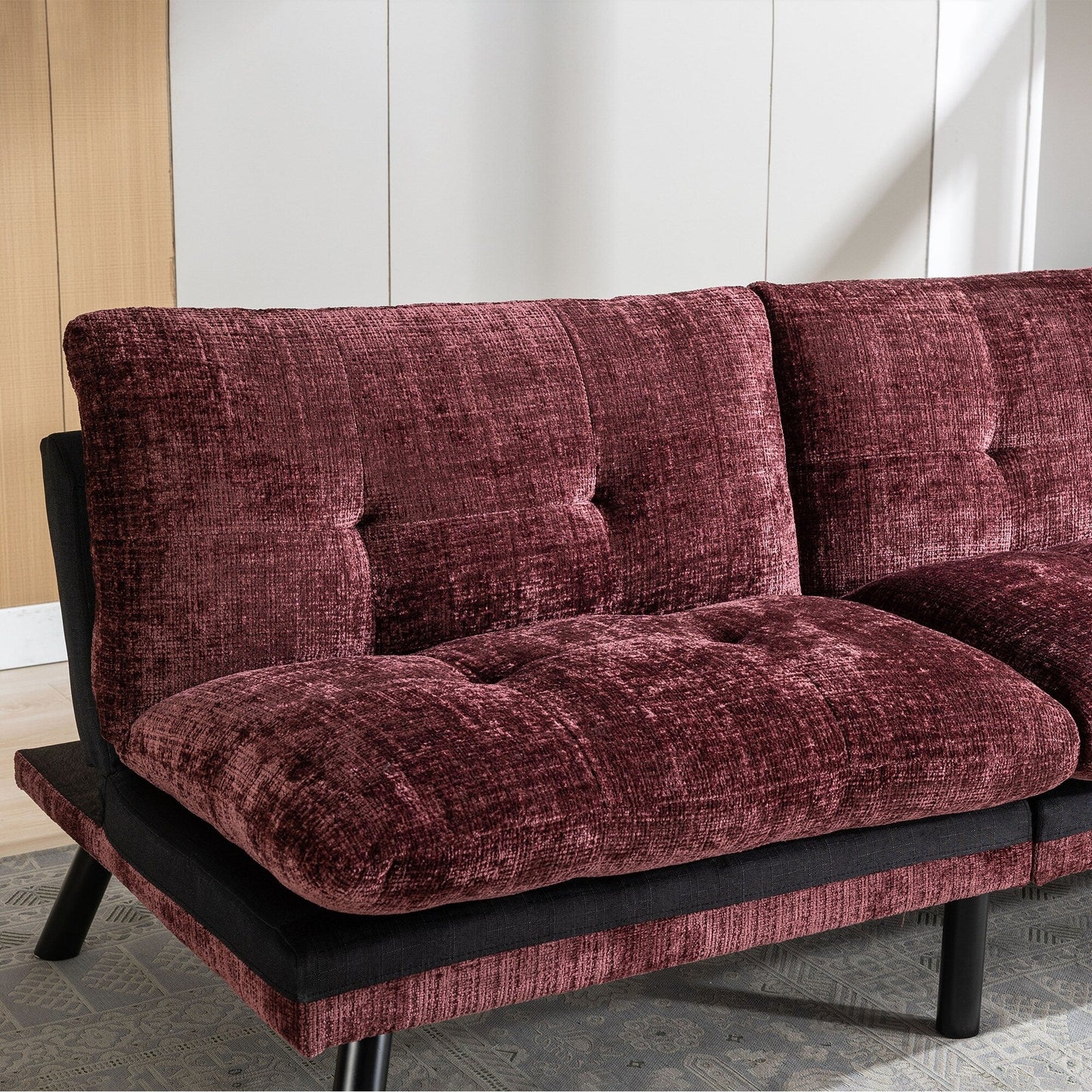 Wine Red 75.6 Chenille Convertible Loveseat Futon Sofa Bed with Metal Legs for Living Room