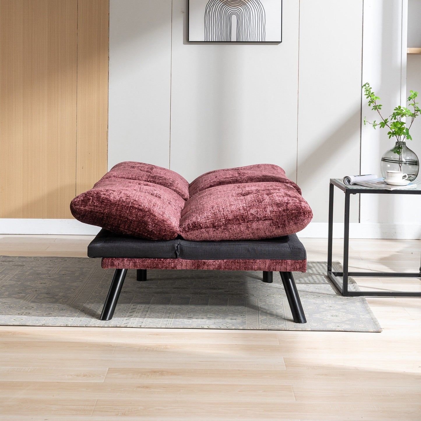 Wine Red 75.6 Chenille Convertible Loveseat Futon Sofa Bed with Metal Legs for Living Room