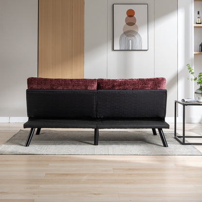 Wine Red 75.6 Chenille Convertible Loveseat Futon Sofa Bed with Metal Legs for Living Room