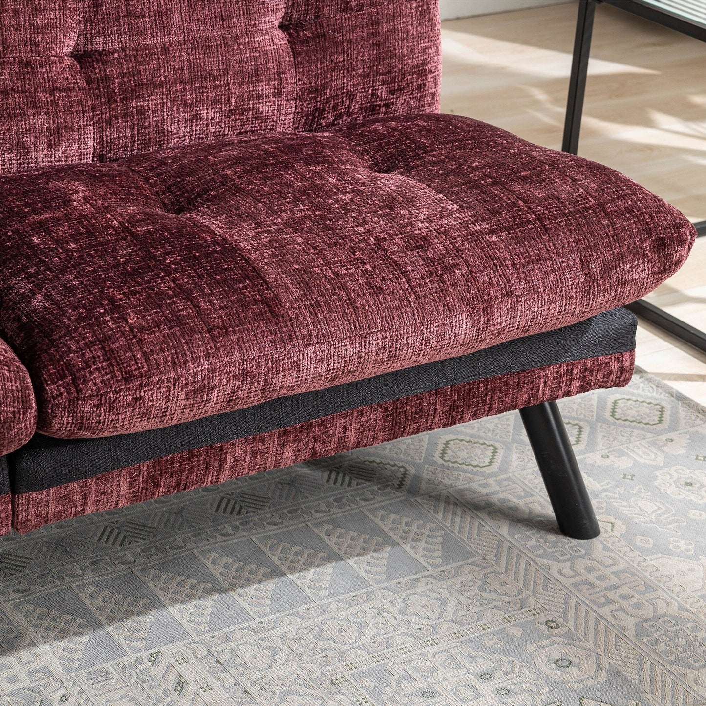 Wine Red 75.6 Chenille Convertible Loveseat Futon Sofa Bed with Metal Legs for Living Room