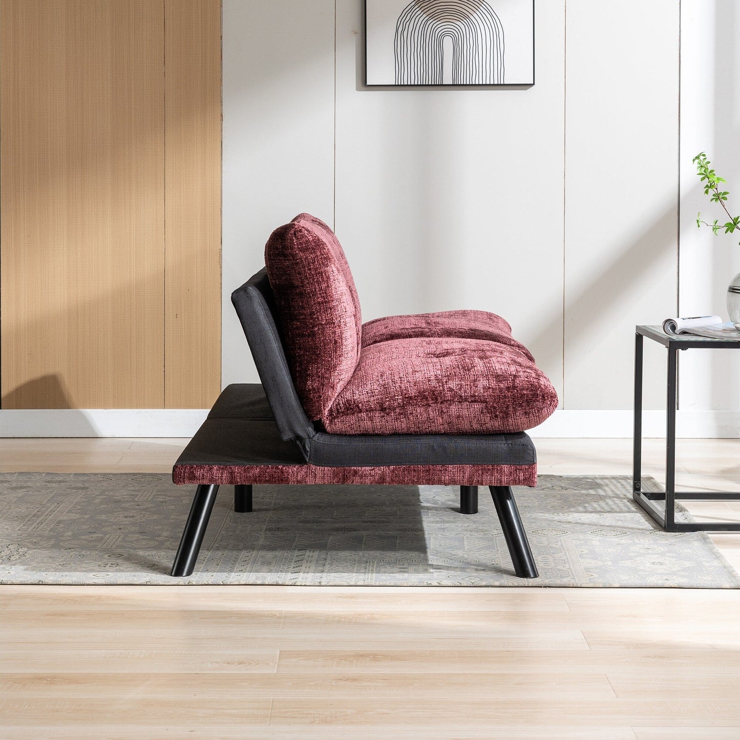 Wine Red 75.6 Chenille Convertible Loveseat Futon Sofa Bed with Metal Legs for Living Room