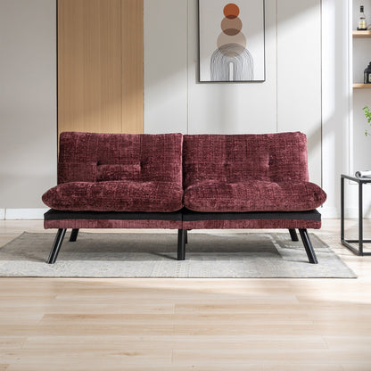 Wine Red 75.6 Chenille Convertible Loveseat Futon Sofa Bed with Metal Legs for Living Room