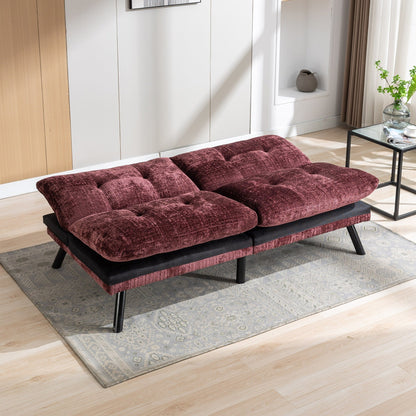 Wine Red 75.6 Chenille Convertible Loveseat Futon Sofa Bed with Metal Legs for Living Room