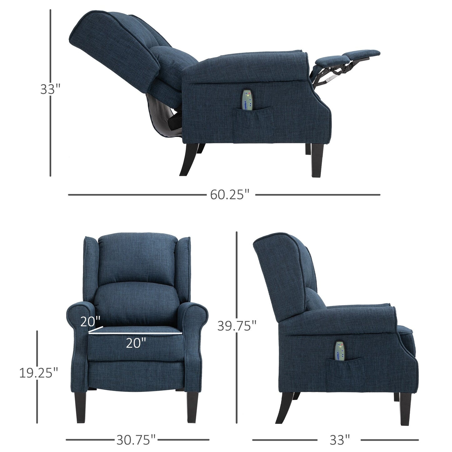 Wingback Manual Recliner Sofa Linen Fabric Heating Vibration Massage Lounge Chair with Adjustable Footrest, Wired Remote Control