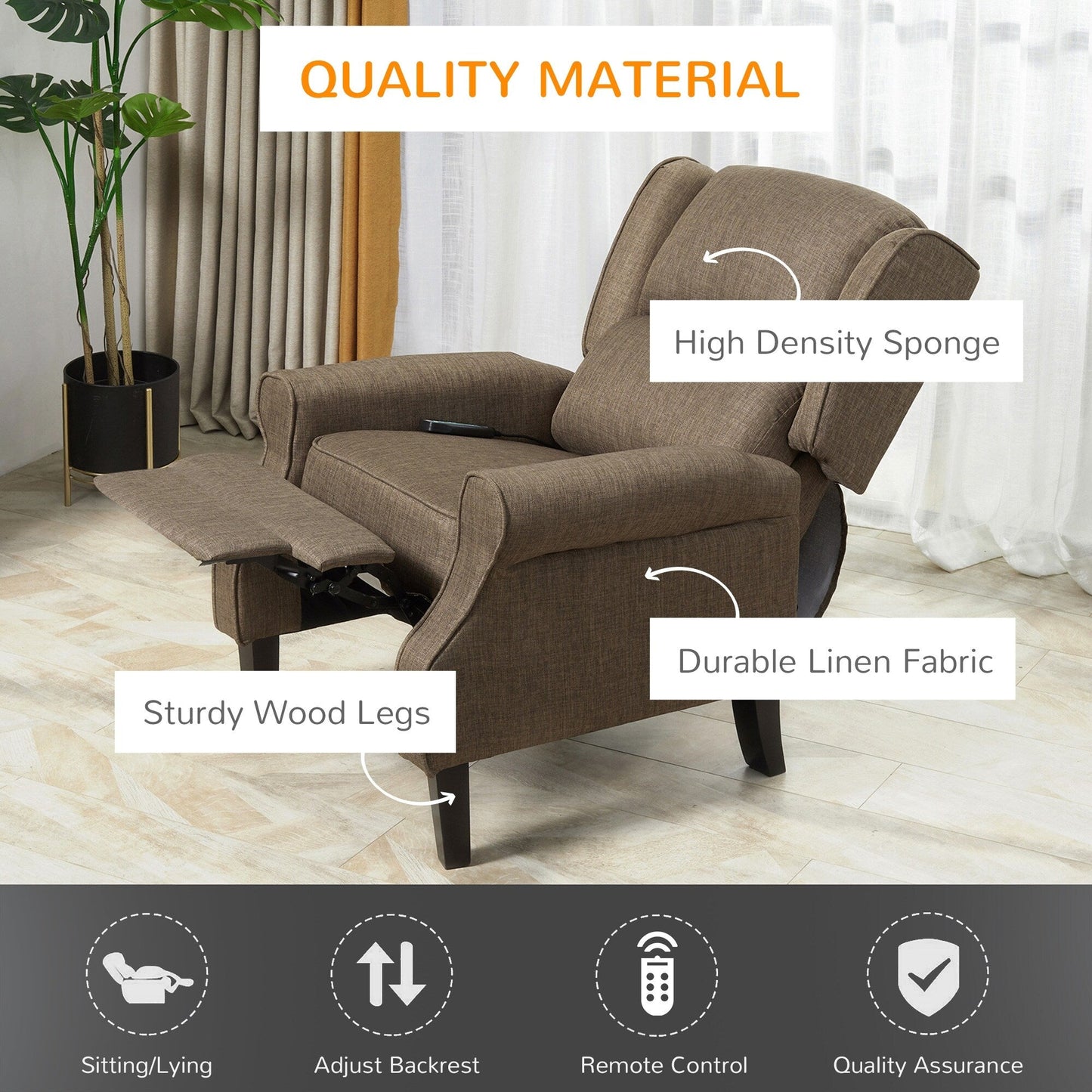 Wingback Manual Recliner Sofa Linen Fabric Heating Vibration Massage Lounge Chair with Adjustable Footrest, Wired Remote Control