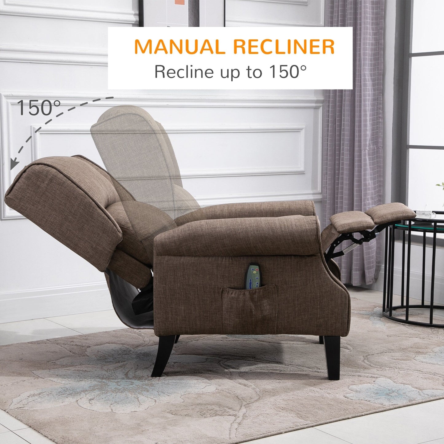 Wingback Manual Recliner Sofa Linen Fabric Heating Vibration Massage Lounge Chair with Adjustable Footrest, Wired Remote Control