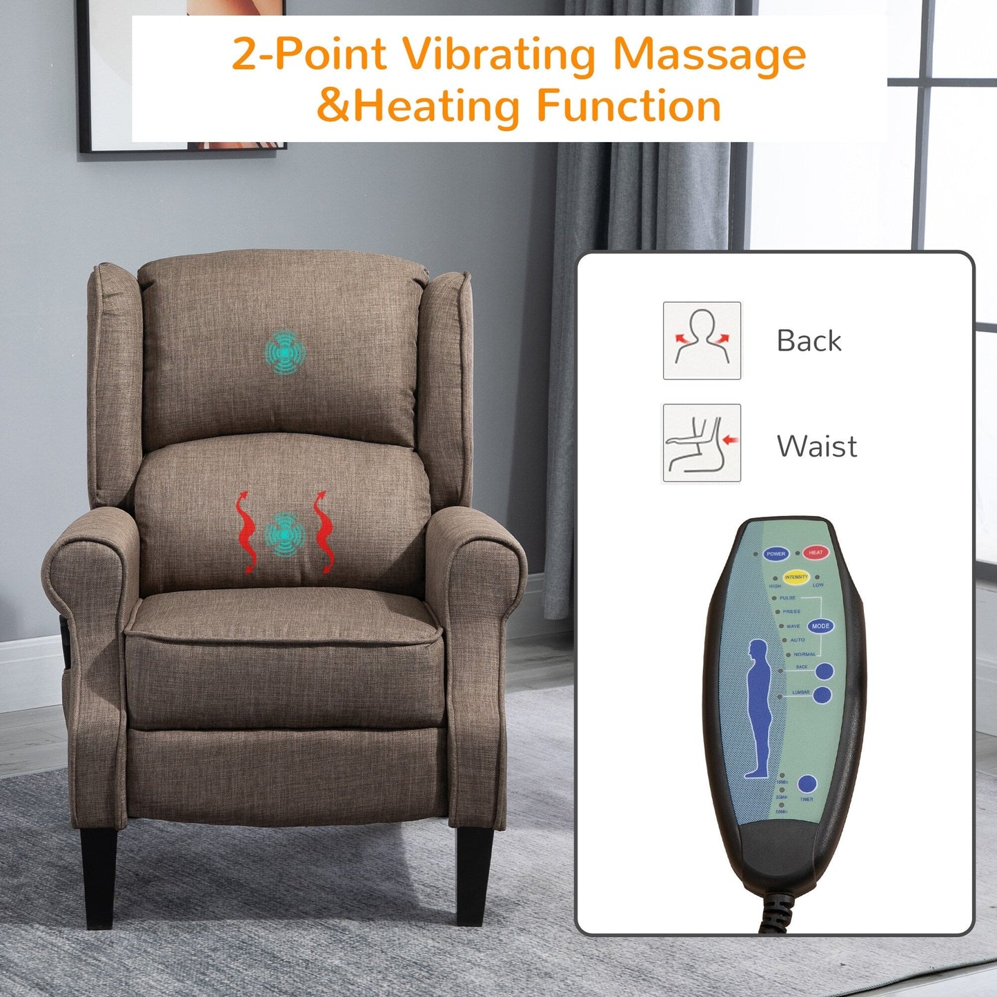 Wingback Manual Recliner Sofa Linen Fabric Heating Vibration Massage Lounge Chair with Adjustable Footrest, Wired Remote Control
