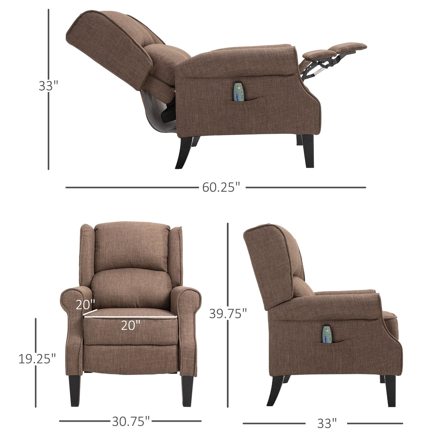 Wingback Manual Recliner Sofa Linen Fabric Heating Vibration Massage Lounge Chair with Adjustable Footrest, Wired Remote Control